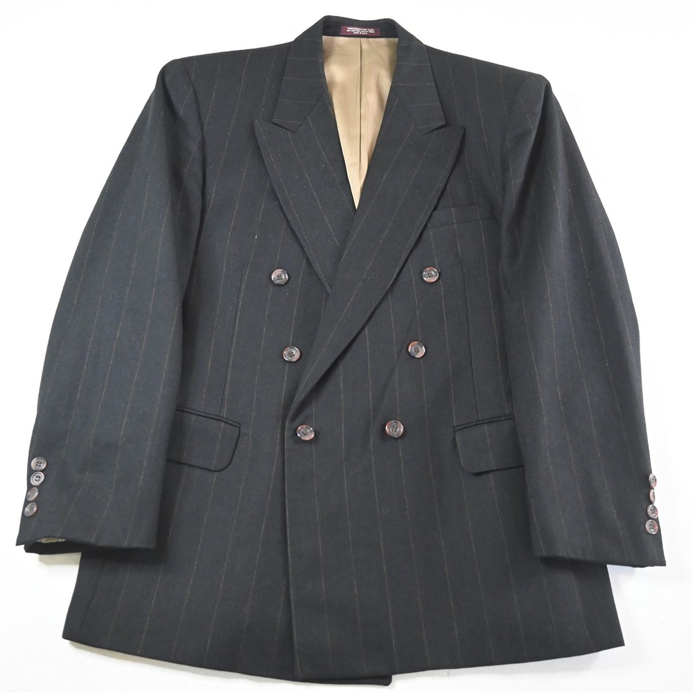Vtg USA Double Breasted 42R Brown Stripe Flannel 100% Wool‎ Blazer Sport Coat